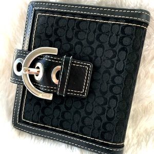 Coach Black Fabric and Leather Buckle Clasp Duel Fold Ladies Wallet